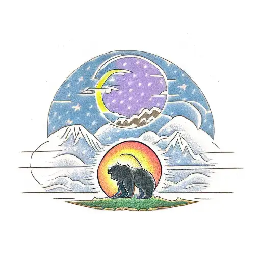 A Bear Under A Tree With A Sun And Moon In The Sky