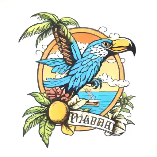 Palm Tree Margarita Sea Plane Parrot