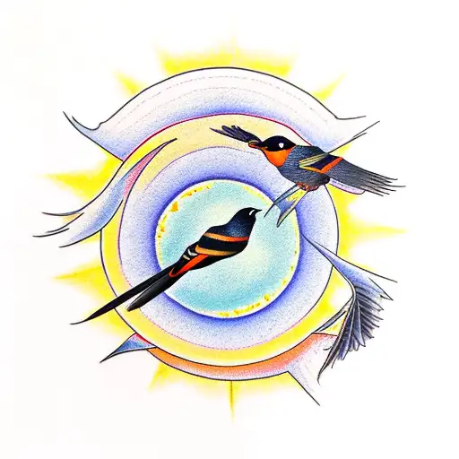 Red Winged Blackbird Flying In Front Of A Yellow-orange Sun