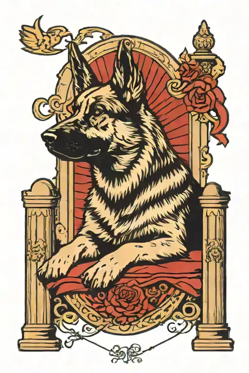 Show A German Shepard Lying Down In Heaven Gates With Massive Pillars Behind