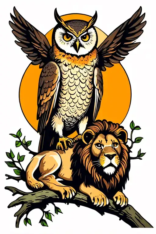 Owl Perched On A Branch With A Lion Laying Looking