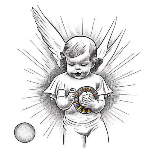 Fine Line Cute Baby Angel Holding The Sun