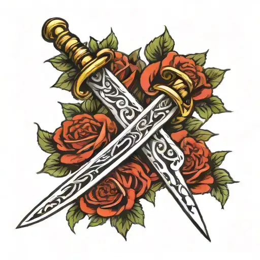 A Woman's Sword Slicing A Strand Of Ribbon Intertwined