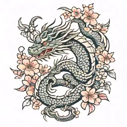 A Japanese Themed Oriental Dragon Surrounded By Blooming Cherry Blossoms And Playful Cats