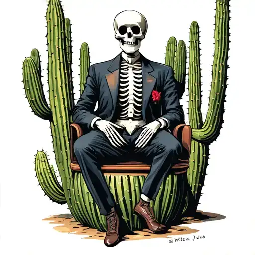 Skeleton In A Suit Sitting On A Cactus