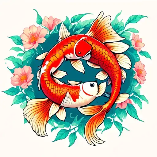 2 Koi Fish Against The Background Of Flowers