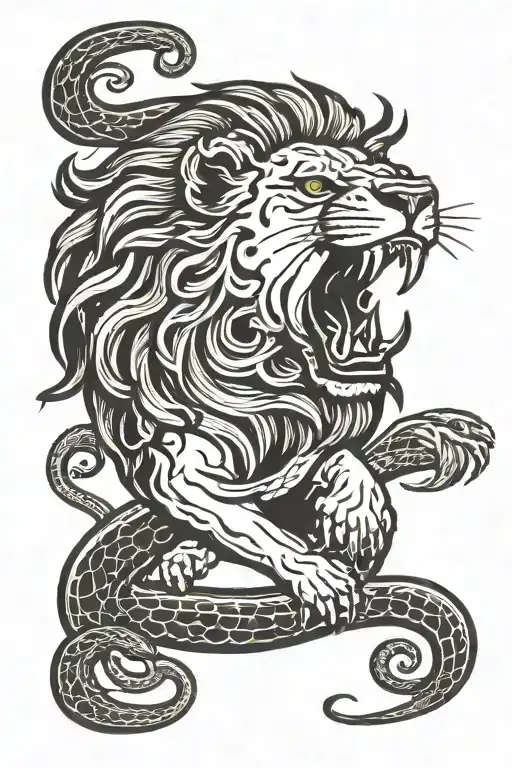 Lion Crushing A Snake