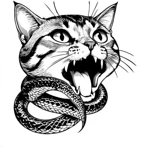 Cat With Snake In Mouth Open
