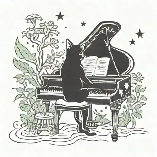 A Whimsical Scene Of A Cat Playing Piano Under A Starry Night Sky Surrounded By Lush Greenery