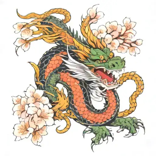 A Japanese Themed Oriental Dragon Surrounded By Blooming Cherry Blossoms And Playful Cats