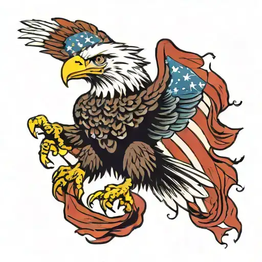 Flying Bald Eagle With Wings Spread Holding A Tattered American Flag In Its Claws