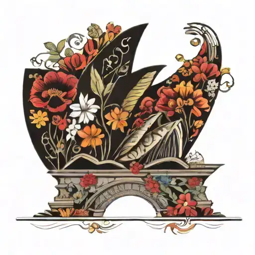 Side View Of Black And White Sydney Opera House Surrounded By Colored Aboriginal Flowers