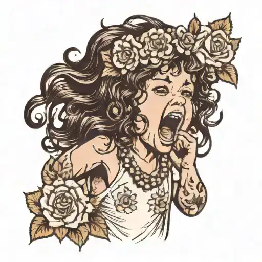 Little Girl Yelling With Raised Fist And Wild Curly Dark Hair And Flower Headress