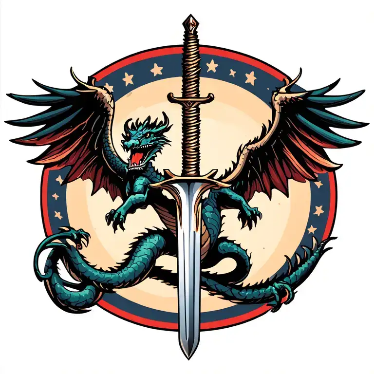 Dragon On Sword With Wings Spread Open