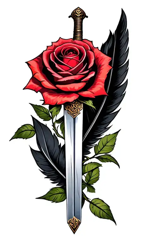 Sword Wrapped In A Rose And Surrounded By Black Feathers