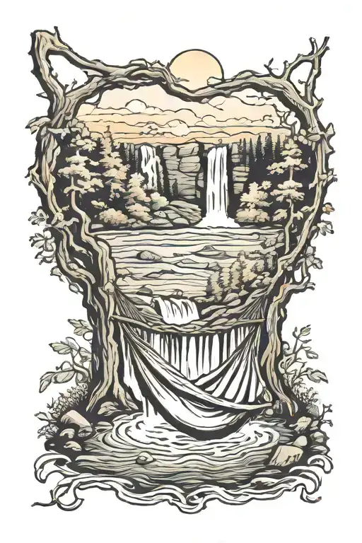 A Hammock In The Woods Beside A Raging River With A Majestic Waterfall