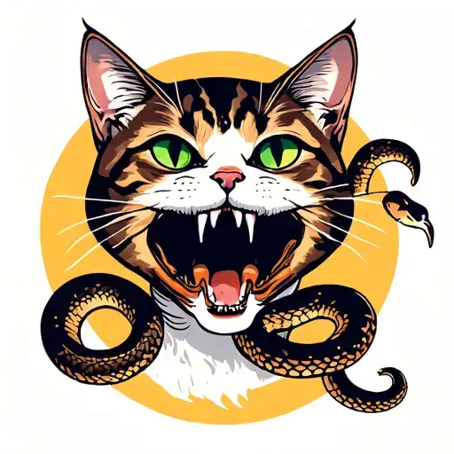 Cat With Snake In Mouth Wide Open
