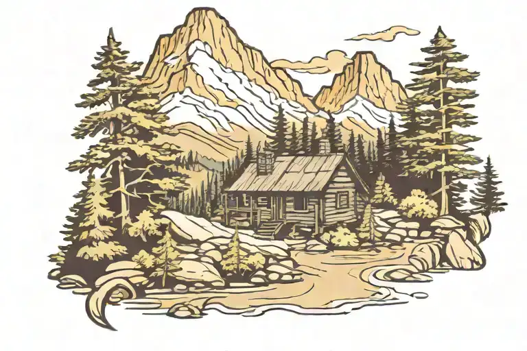 Cabin Beside A River In A Forest Below A Mountain