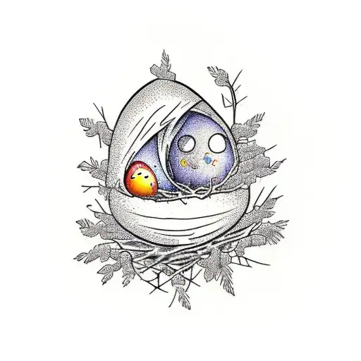 Tree With Mother Bird And Father Bird With A Nest That Has Two Eggs In It