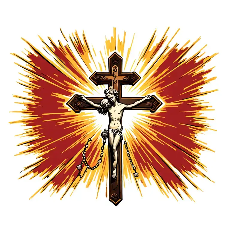 Crucifix With Light Rays And Rosary