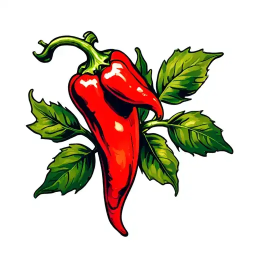 Vintage Red Peppers With Leaves In Color