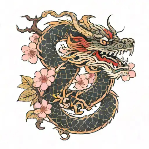 A Traditional Japanese Dragon Coiled Around A Cherry Blossom Tree Tattoo