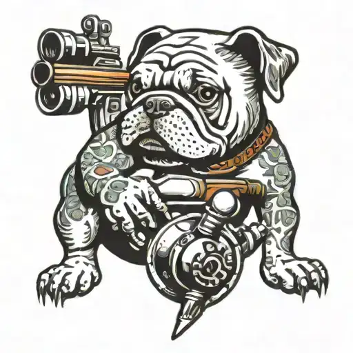A Traditional Style Tattoo Of A Bulldog Playing Pool With An Ar15 Gun By Its Side