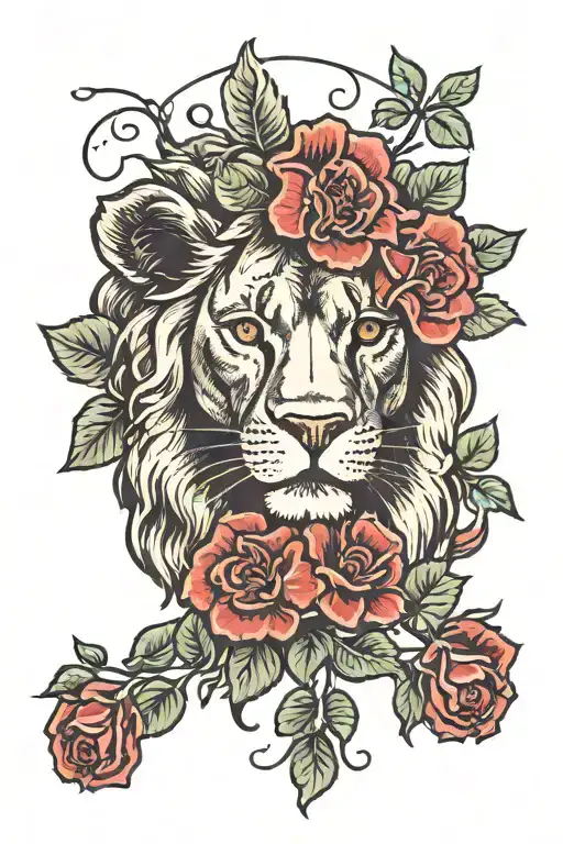 Lion With Geraniums And Ruby Eyes