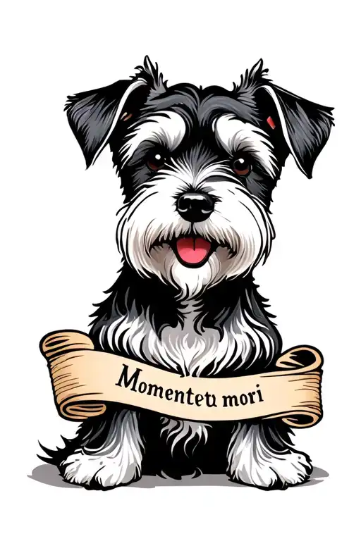 White And Black Miniature Schnauzer That Looks Happy With A Scroll Text That Says Momento Mori