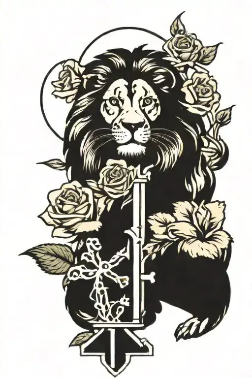 Lion And Christian Cross With Roses