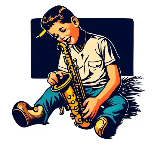 American Traditional Style Simple Line Toddler Boy 1950S Sitting Playing A Toy Saxophone