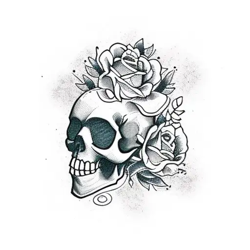 Loose Sketchy Blackwork Skull With Flowers Poking Through The Skull