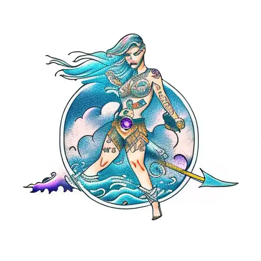 Warrior Girl With Ocean Background With Amethyst Undertone Symbol