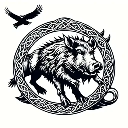 Celtic Boar With Crow Flying Around It