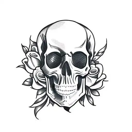 Loose Sketchy Blackwork Skull With Flowers Poking Through The Skull
