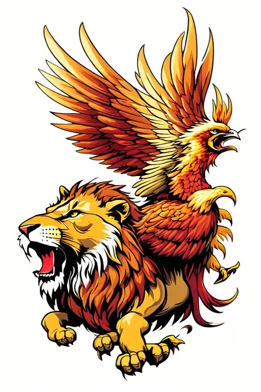 Lion Roaring And Phoenix Rising Phoenix Wings Spread Bright
