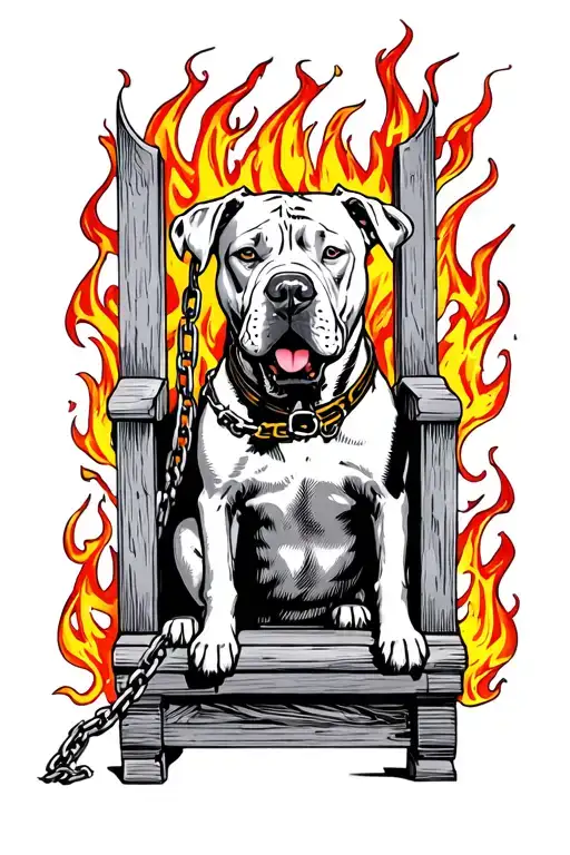 A 3-Headed Pitbull Chained To A Throne In A Hellish Fire
