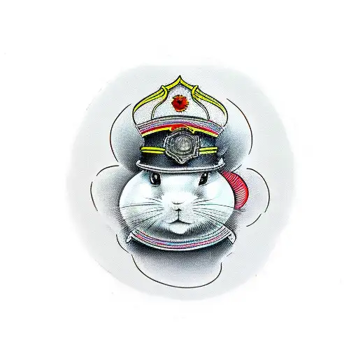 Small White Rabbit Wearing A Big Black Firefighter Helmet