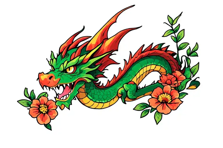 Old School Dragon With Flowers Around It