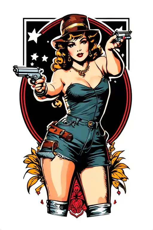 Traditional Pin Up Girl Standing Up Shooting Pistol With Bith Arms
