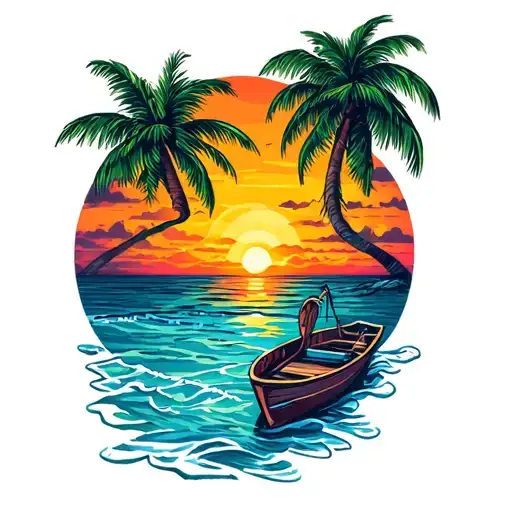 Beach Scene With Palm Sunset Background