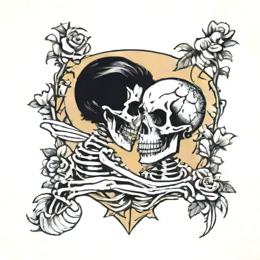 The Lovers Tarot Card With Two Skeletons Embracing