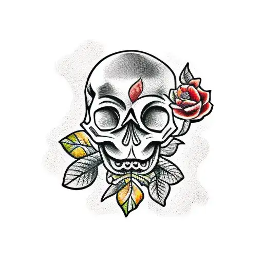 Skull With Leaves And Flower