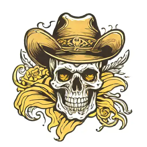 Skull With Cowboy Hat And Yellow Neck Handkerchief