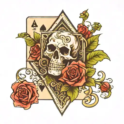 Playing Card Ace Of Spades With Skull And Roses Blooming
