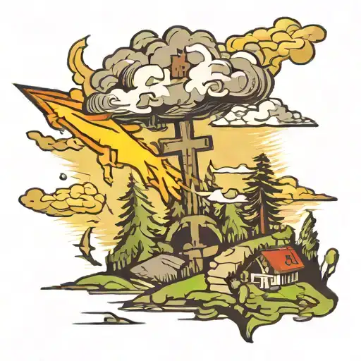 Lightning Bolt Hitting A Cross On A Hillside Forest