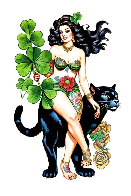 Old School Style Tattoo A Beautiful Tattooed Woman Riding A Black Panther Holding A 4 Leaf Clover