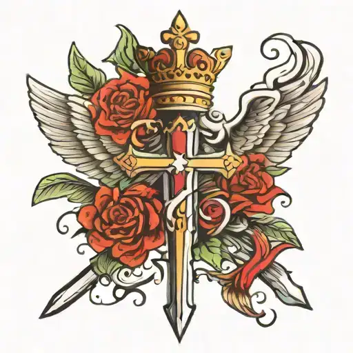 Cross Turned Into A Sword Going Through A Crown With Wings Behind It