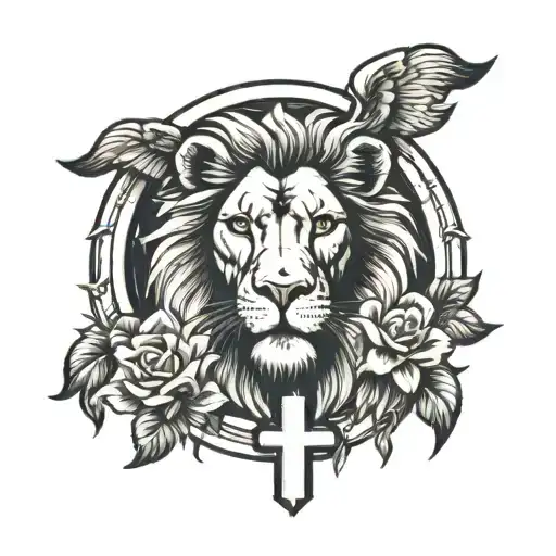 Lion On Left Side Jesus On Right Side Cross In The Middle 3 Crosses On The Bottom
