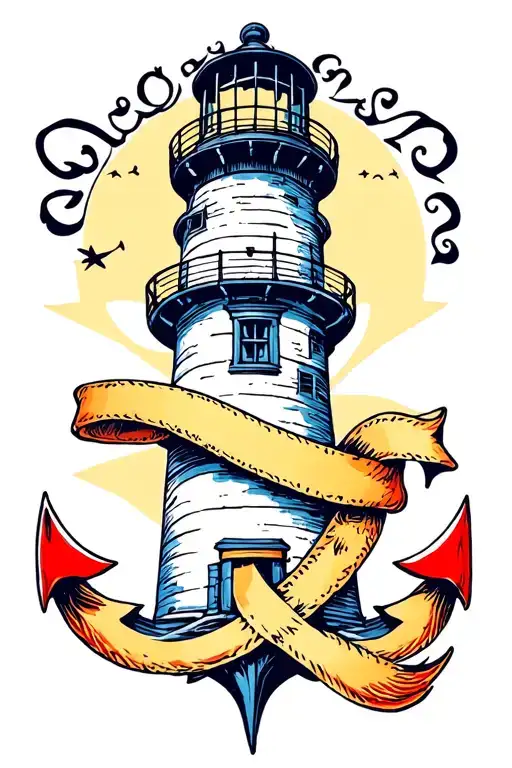 Light House With Anchor And Ribbon Intertwined